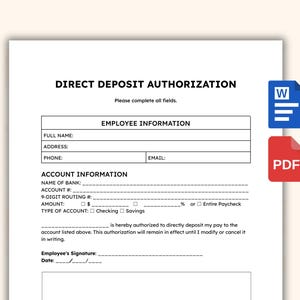 Op de afbeelding: Een formulier voor directe stortingsmachtiging met velden voor werknemers- en accountinformatie. Het formulier bevat secties voor volledige naam, adres, telefoon, e-mail, banknaam, rekeningnummer, routenummer en bedrag. Een Word-document en een PDF-pictogram.