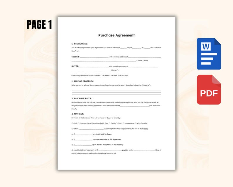 Printable Purchase Agreement Template - Editable Purchase and Sale ...