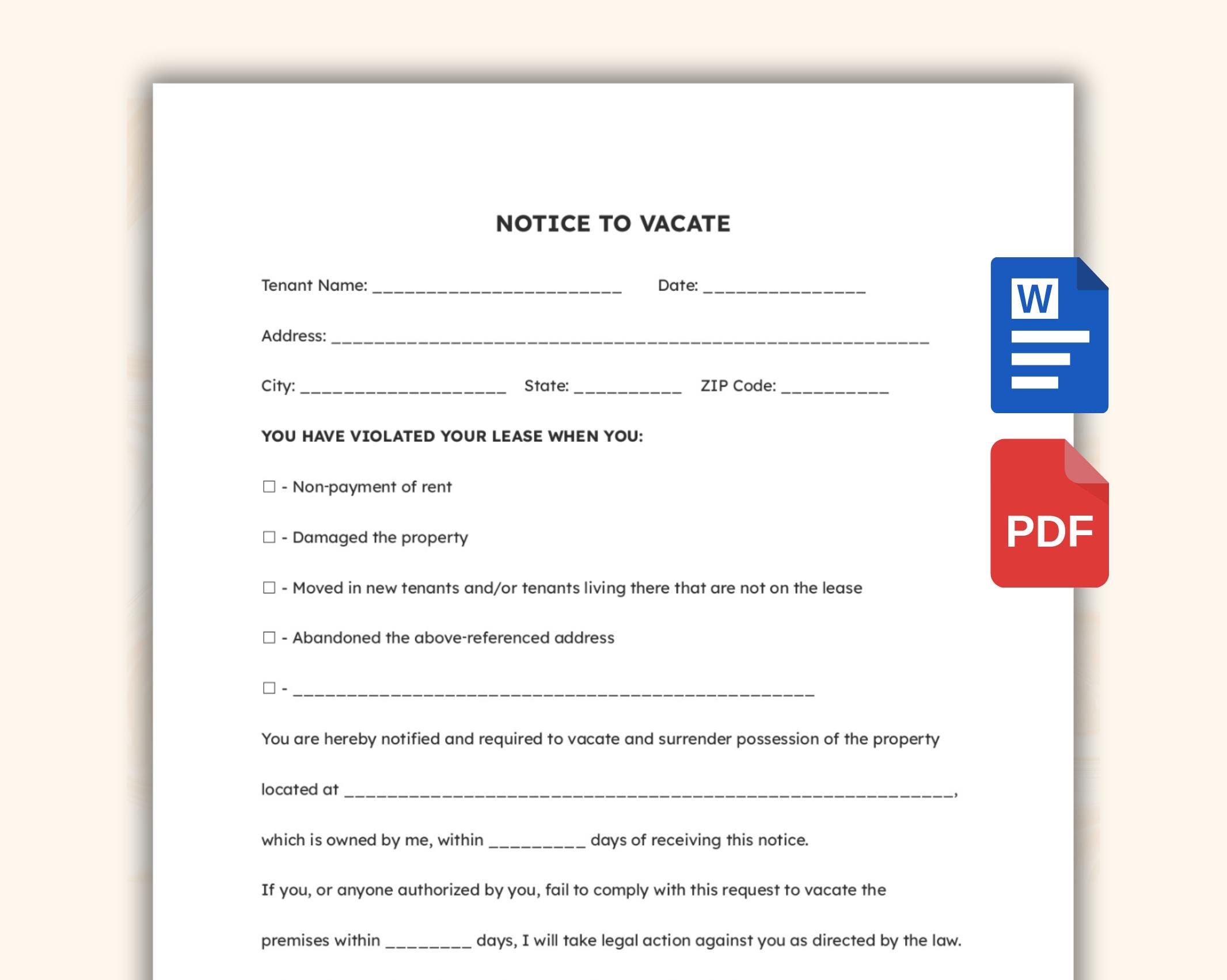 Printable Eviction Notice - Lease Termination Form - Editable Notice to ...