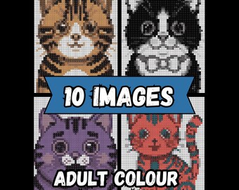May include: A graphic featuring four cat portraits in a cross-stitch style. The cats are in various colors, including orange, black, purple, and red. The text "10 IMAGES" and "ADULT COLOUR BY NUMBER MYSTERY" are also present.
