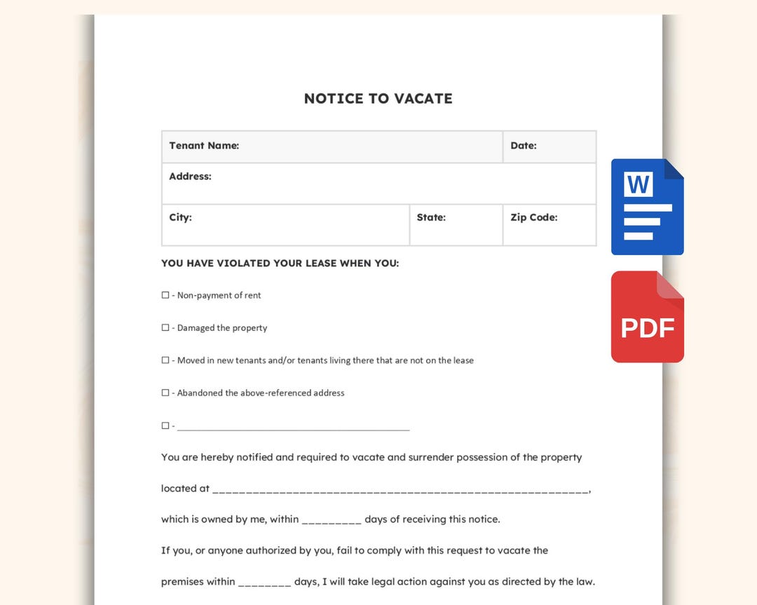 Printable Eviction Notice - Lease Termination Form - Editable Notice to ...
