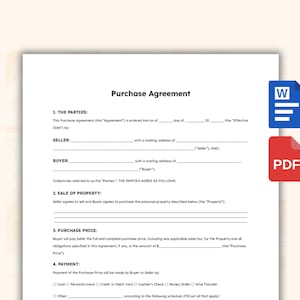 Puede incluir: Un documento blanco de "Purchase Agreement" (Acuerdo de Compra) con secciones para las partes, venta de propiedad, precio de compra y pago. Incluye un icono azul de Word y un icono rojo de PDF.