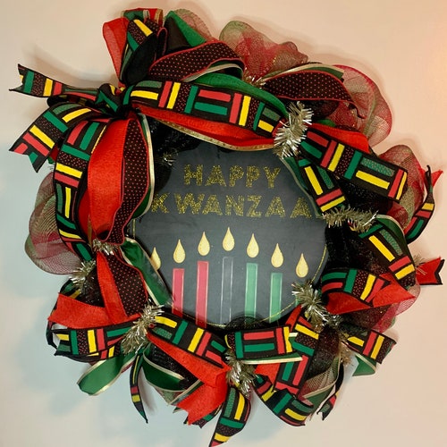 Mesh Kwanzaa Wreath Black Red Green Etsy