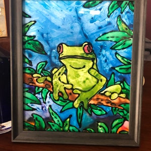 Hello Frog, Glass Painting, Framed Art, Frog In Rainforest, Tropical, Acrylic Painting On Glass