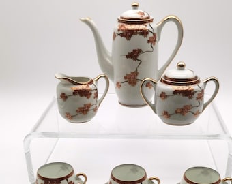 Complete Japanese Kutani espresso service | Hand-painted | 6 place settings including sugar bowl & creamer | Collector's porcelain