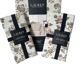 Ralph Lauren tablecloth with 8 napkins | New & unused | 100% cotton | Floral design | Premium table linen | Luxury home decor