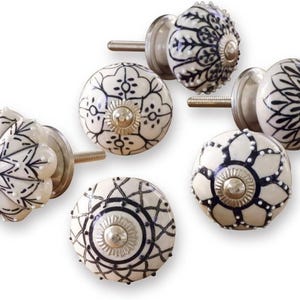 Set of 6 Hand Painted Ceramic Cabinet Knobs | Boho Furniture Handles | Black White Drawer Pulls | Vintage Dresser Knobs