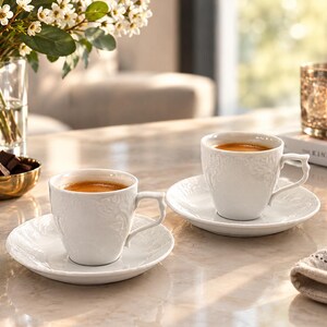 2 białe filiżanki do espresso Rosenthal Sanssouci ze spodkami | Porcelana w klasycznym stylu | Nowe i nieużywane