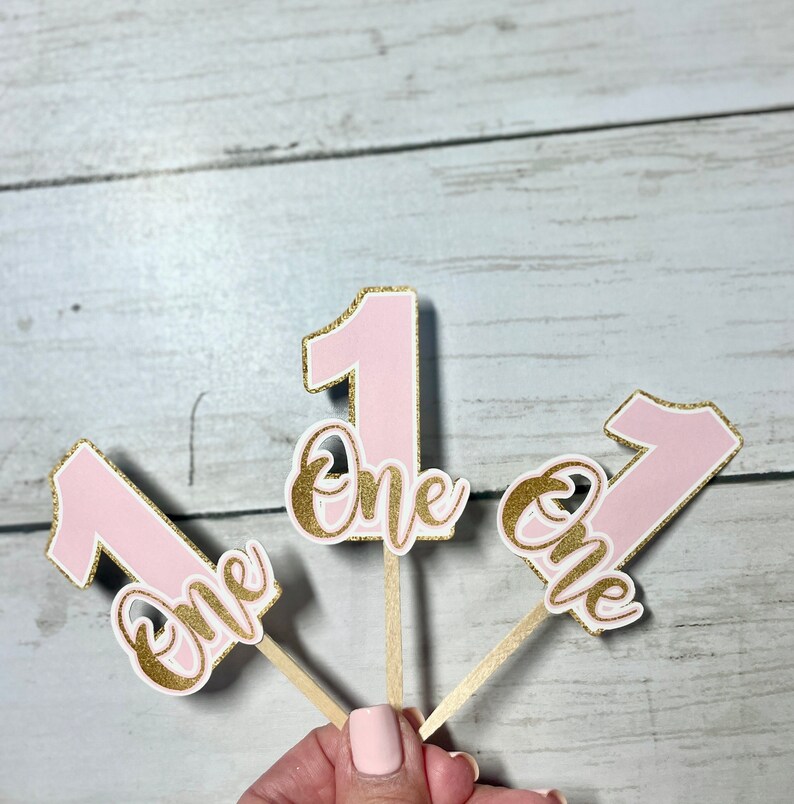 First Birthday Cupcake Toppers, Food Picks, Pink and Gold Glitter ...