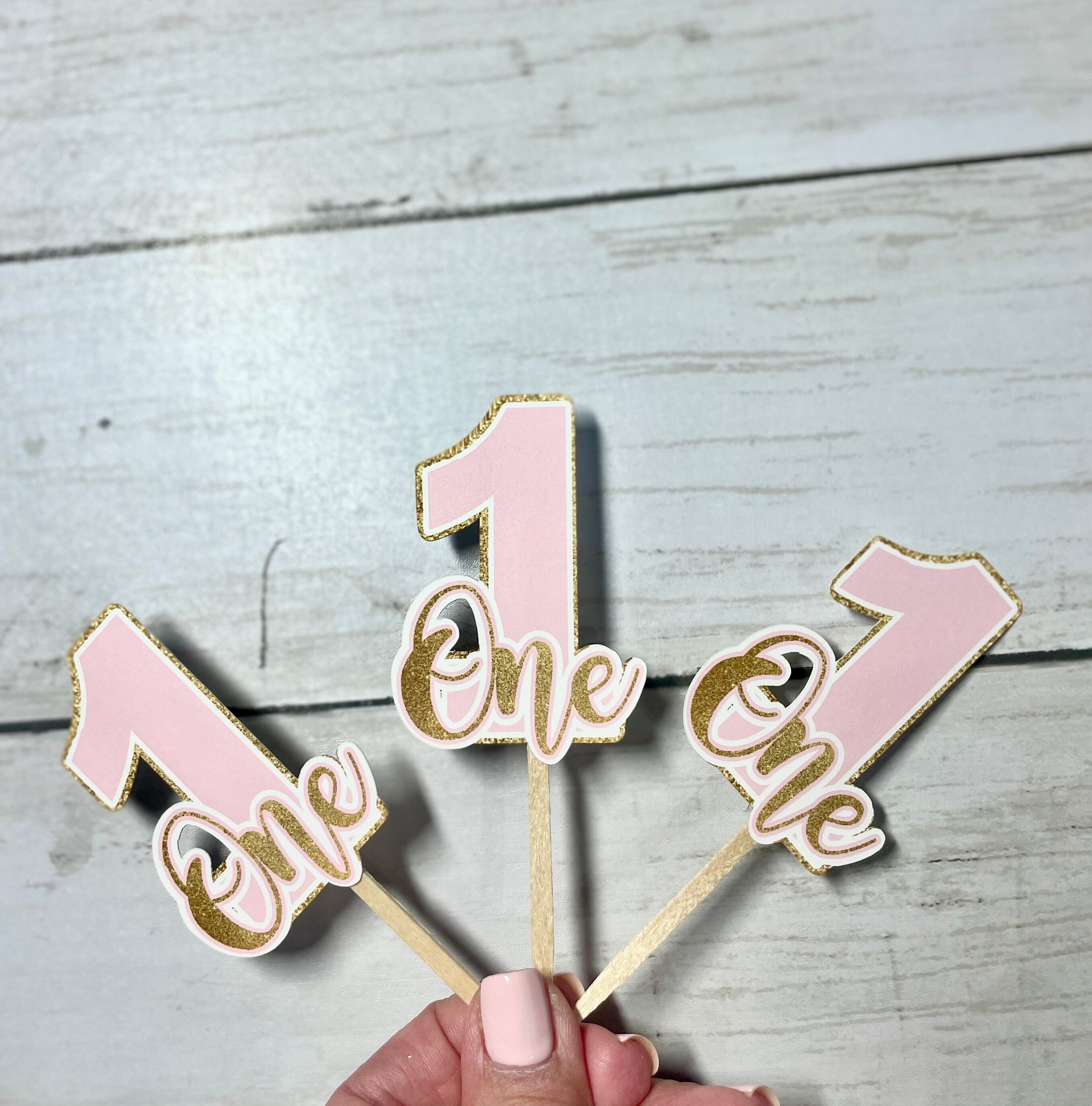 First Birthday Cupcake Toppers, Food Picks, Pink and Gold Glitter ...