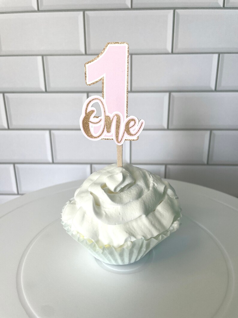 First Birthday Cupcake Toppers, Food Picks, Pink and Gold Glitter ...