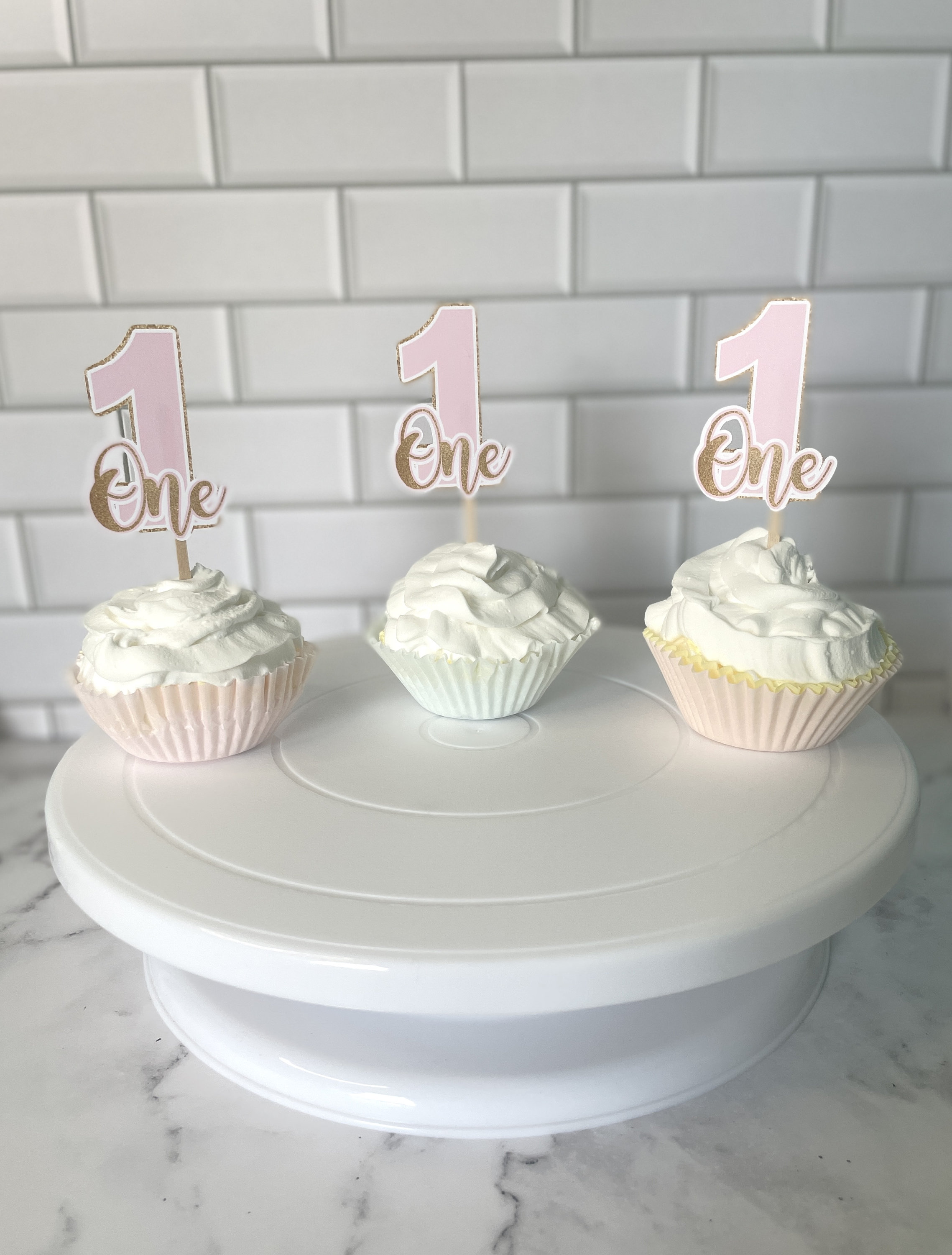 First Birthday Cupcake Toppers, Food Picks, Pink and Gold Glitter ...