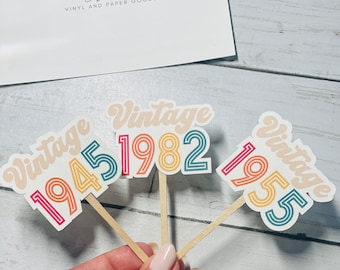 Vintage Birthday Year Cupcake Toppers: Personalized Party Decor