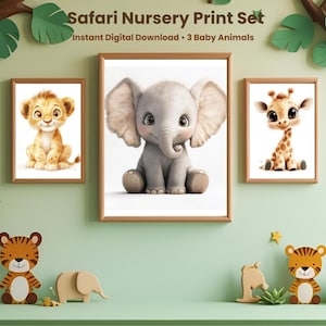Safari Kinderzimmer Wand Kunst – Löwe, Elefant, Giraffe Drucke | Babyzimmer Dekor | Digitaler Download Tierdrucke