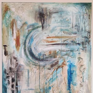 May include: Abstract painting with a textured surface. The painting features a mix of blue, brown, white, and gray colors. The colors are blended together to create a swirling effect.