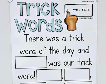 May include: A white educational poster titled Trick Words in light blue letters. It features a brown cartoon hand pointing to a box with the text I can run. The poster includes fill-in-the-blank boxes and the text: There was a trick word of the day and was our trick word!, , and was our TRICK WORD!