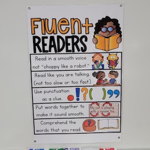 May include: A classroom poster titled "Fluent Readers" with colorful illustrations and text. The poster provides reading tips, including reading smoothly, using punctuation, and comprehending words. The poster is mounted on a white board.