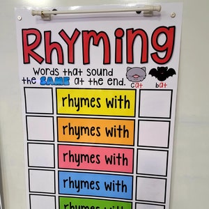 May include: A colorful educational poster about rhyming words. The poster has the word "Rhyming" in large red letters. It includes the text "words that sound the SAME at the end." and examples like "cat" and "bat". There are boxes for writing rhyming words.