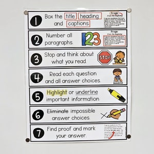 May include: A white educational poster with black text and colorful illustrations. The poster outlines seven steps for reading comprehension, including boxing titles, numbering paragraphs, and highlighting information. The poster is attached to a white wall.