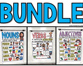 May include: A bundle of educational posters for the classroom. The posters cover nouns, verbs, and adjectives. Each poster has colorful illustrations and text to help students learn. The word "BUNDLE" is in large, blue letters at the top.