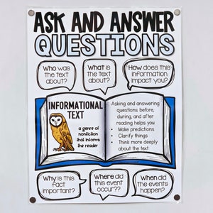 May include: A white poster with the title "ASK AND ANSWER QUESTIONS" in black and blue. The poster includes text bubbles with questions about informational text, and an illustration of an owl in a book.