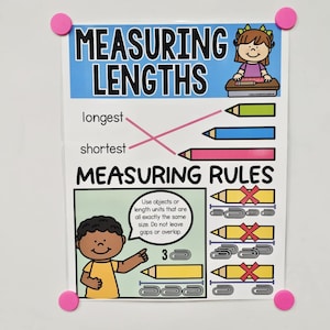 May include: A colorful educational poster titled "MEASURING LENGTHS" with illustrations of pencils and a child. The poster demonstrates the concepts of longest and shortest, and measuring rules. The poster is held in place by pink push pins.