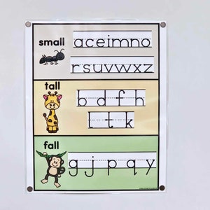 May include: A laminated educational chart with the words "small", "tall", and "fall" above alphabet practice lines. Illustrations of an ant, giraffe, and monkey accompany the words. The chart is held in place with four silver magnets.