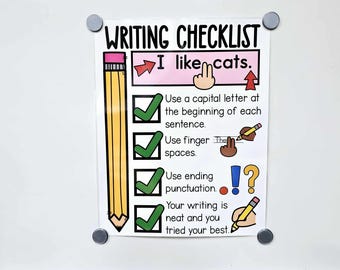 May include: A writing checklist poster with the title "WRITING CHECKLIST" and the phrase "I like cats." The checklist includes reminders about capitalization, finger spaces, punctuation, and neatness. A large yellow pencil graphic is on the left.
