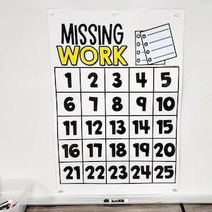 May include: A white poster with the words "MISSING WORK" in large black letters with yellow accents. A grid of numbers from 1 to 25 is below the title. A small notepad illustration is in the upper right corner.