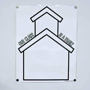 May include: A white sign with a black outline of a house shape. The text "OUR CLASS IS A FAMILY" is printed in green. The sign is mounted on a white wall with four silver fasteners.