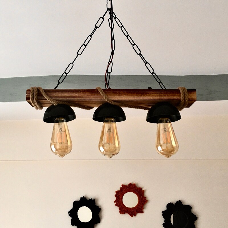 Wood Pendant Light | Rustic Rope Lamp 