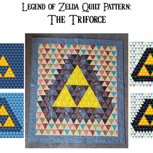 May include: A quilt pattern featuring the Triforce symbol from the Legend of Zelda video game. The quilt is primarily blue, with a large yellow Triforce in the center. Additional Triforce designs are shown in the corners. The text "LEGEND OF ZELDA QUILT PATTERN: THE TRIFORCE" is at the top.