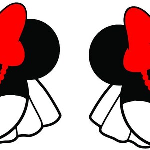 May include: Two identical graphic illustrations of a stylized mouse head silhouette featuring large black ears, a bright red bow, a red beaded necklace, and a white ruffled collar or skirt element at the base, all outlined in bold black lines.