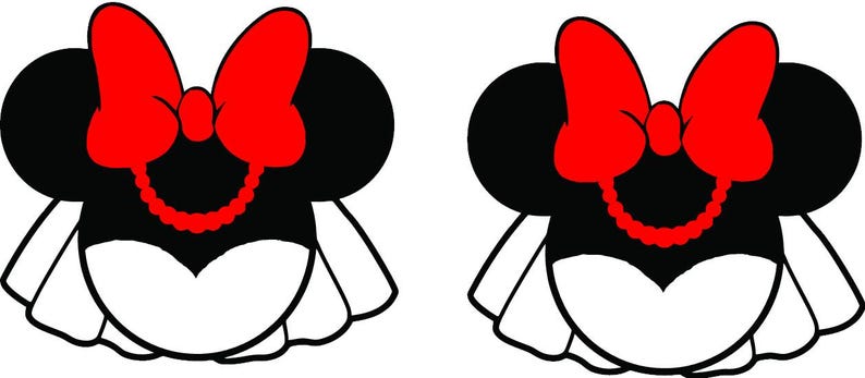 May include: Two identical graphic illustrations of a stylized mouse head silhouette featuring large black ears, a bright red bow, a red beaded necklace, and a white ruffled collar or skirt element at the base, all outlined in bold black lines.