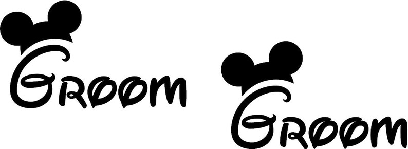 May include: Two black vinyl decals featuring the word Groom in a stylized font. Each word is topped with a silhouette of mouse ears. The design is presented in a clean, bold black color against a plain white background, suitable for application.