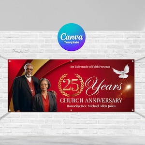 May include: A red and gold banner with the text "Int Tabernacle of Faith Presents 25 Years Church Anniversary Honoring Rev. Michael Allen Jones". The banner features a white dove, a gold laurel wreath with the number 25, and a photo of a couple in front of a red and gold background.