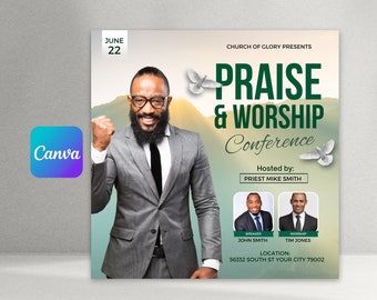 May include: A flyer for a Praise & Worship Conference hosted by Priest Mike Smith. The conference will be held on June 22nd at 56332 South St Your City 79002. The flyer features a photo of a man in a suit and tie, and the text "Praise & Worship Conference" in large, bold letters.