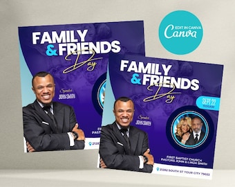 May include: Purple and blue flyer with the text "Family & Friends Day" in white letters. The flyer includes the date "Sept 22" and the time "11:00 AM". The flyer also includes the text "First Baptist Church" and "Pastors John & Linda Smith".