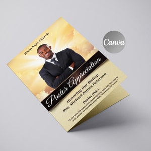 May include: A black and gold pastor appreciation card with a photo of a man in a suit and tie. The text on the card reads "Pastor Appreciation", "Honoring Our Bishop", "Rev. Michael James Peterson", "Psalm 100:4", and "Enter into his gates with thanksgiving, and into his courts with praise be thankful unto him, and bless his name."