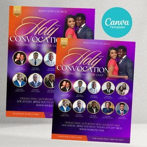 May include: Purple and orange flyer for a church event called "Holy Convocation" with the text "Seeking the Heart of God". The flyer features a photo of a couple and a grid of photos of speakers and pastors. The event is scheduled for May 21-23 and includes the location and contact information.