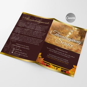 May include: A burgundy tri-fold brochure with gold accents and a fall-themed image. The front of the brochure reads "Risen Hope Church Presents Thanksgiving Service". The back of the brochure includes the text "Tabernacle of Faith Pastors John & Linda Smith" and contact information.