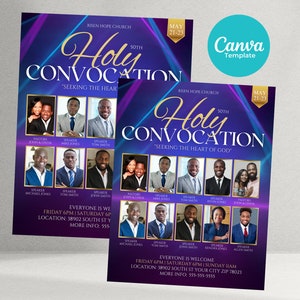 May include: A flyer for a 50th Holy Convocation event at Risen Hope Church. The flyer features a purple and blue background with gold accents. The event is scheduled for May 21-23 and includes speakers such as John & Linda, Mike Jones, Tom Smith, and Michael Jones. The flyer also includes the event location and contact information.