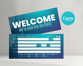 Pode incluir: Uma placa de boas-vindas com um fundo degradê azul e verde. O texto "WELCOME" está em branco e o texto "we're glad you are here!" está em branco. A placa também inclui um endereço de site, ícones de mídia social e um formulário para os visitantes preencherem.