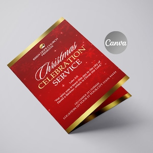 Pode incluir: Convite vermelho e dourado para um serviço de Natal com flocos de neve e estrelas. Risen Hope Church apresenta um serviço de celebração de Natal em 24 de dezembro às 1:00 da manhã. "Porque hoje vos nasceu na cidade de Davi um Salvador, que é Cristo o Senhor."  Localização: 123 Your St Your City State 44444.