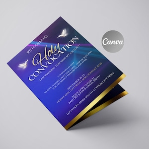 May include: A blue and purple invitation with gold accents for a 50th annual Holy Convocation. The invitation features a dove and the text "I am walking towards my victory."  The event is scheduled for November 21-23 at Risen Hope Church, located at 48902 South St Your City 78902.