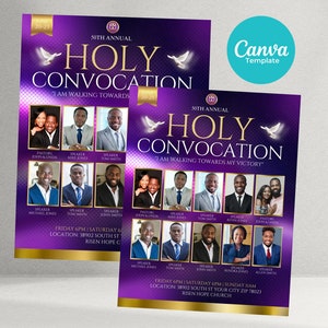 May include: Purple flyer with gold accents announcing the 50th Annual Holy Convocation. The flyer features a dove graphic and the text "I am walking towards my victory". The flyer lists the speakers and the date and time of the event.