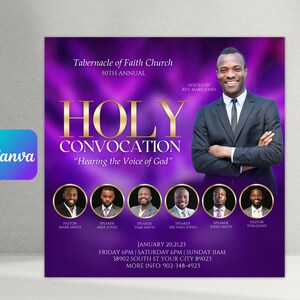 May include: Purple flyer with gold text announcing a "Holy Convocation" at Tabernacle of Faith Church. The event is hosted by Rev. Mark Jones and features speakers including Pastor Mark Smith, Mike Jones, Tom Smith, Michall Jones, John Smith, and Pastor Tom Jones. The event takes place on January 20, 21, and 23 at 38902 South St Your City 89023. More information is available at 902-348-4923.