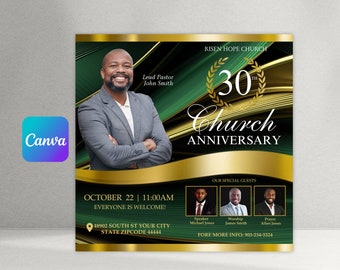 Può includere: Un volantino per il 30° anniversario della Chiesa Risen Hope Church. Il volantino presenta una foto del pastore principale, John Smith, e un design oro e verde. L'evento è previsto per il 22 ottobre alle 11:00. Il volantino include anche informazioni sugli ospiti speciali, tra cui l'oratore, Michael Jones, il leader del culto, James Smith, e il leader della preghiera, Allen Jones. Il volantino include l'indirizzo e il numero di telefono della chiesa.