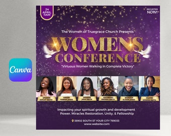 May include: Purple flyer with gold text announcing a Women's Conference on April 24th at 11am. The flyer features a dove and the text "Virtuous Women Walking in Complete Victory". It also includes photos of six women with their names and roles listed below.
