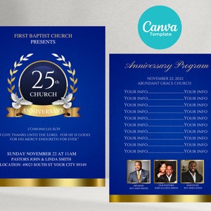 May include: A blue and gold invitation for a 25th church anniversary. The invitation features a gold laurel wreath with a white dove and the text "25th Church Anniversary". The invitation also includes the text "First Baptist Church Presents" and the date "Sunday November 22 at 11am".